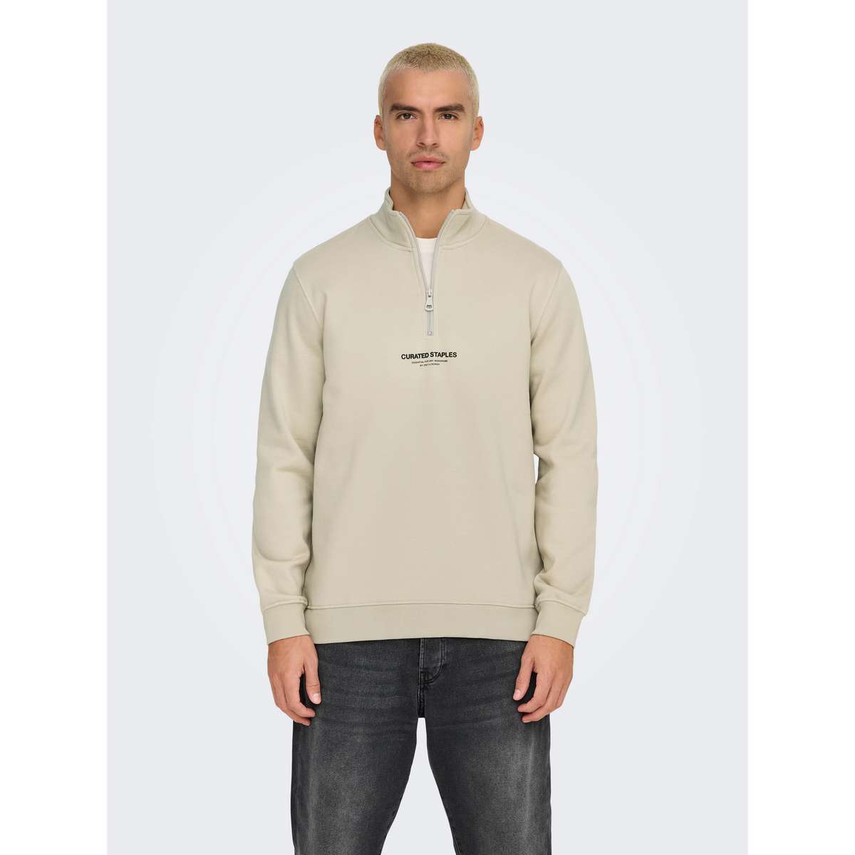 ONLY & SONS CURATED MEN΄S REGULAR FIT COTTON HALF ZIP SWEATSHIRT SILVER LINING / BEIGE - Μπεζ - S